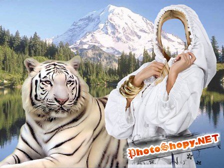 Шаблон для фотошоп - Девушка и белый тигр