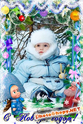 Новогодняя детская рамка для Photoshop - Дед Мороз и Маша