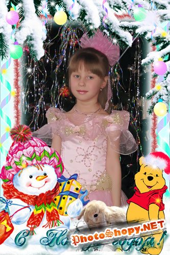 Новогодняя детская рамка для Photoshop - Снеговик и Винни