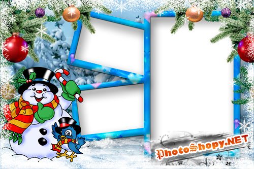 Детская новогодняя рамка для Photoshop - Воробей и снеговик