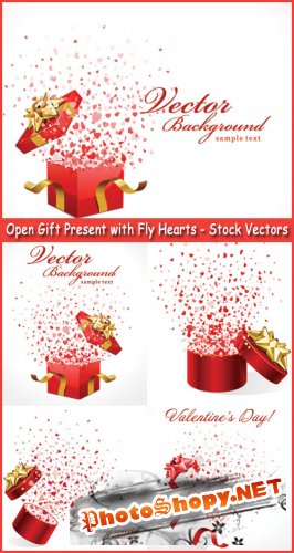 Open Gift Present with Fly Hearts - Stock Vectors