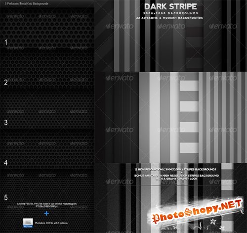 GraphicRiver Dark Stripes Backgrounds and 5 Perforated Metal Grid Backgrounds