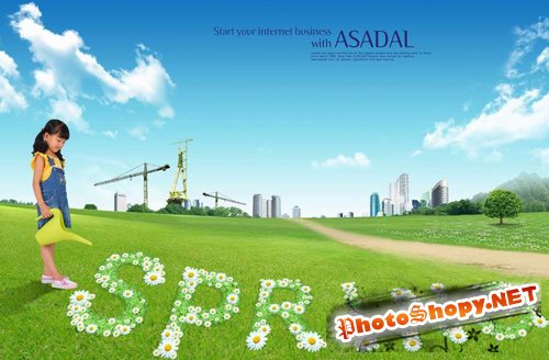 Watering flowers, spring posters PSD layered material