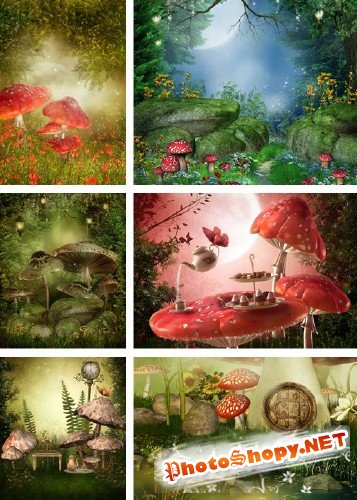 Волшебная грибная поляна - сказочные растровые фоны | Fantasy Mushrooms