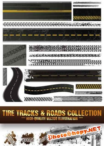 Векторные следы от автомобилей и дороги / Tire Tracks Roads Collection