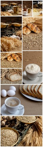 Bread Backgrounds - Bread, cereals, ears, eggs, butter, coffee grinder, scales, kitchen