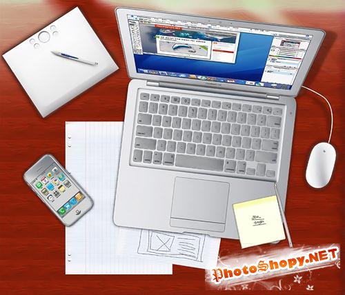 Psd исходник рабочего стола в офисе –Mac смартфоном, компьютер, компьютерная мышь, карандаш, бумага