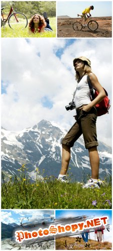 Tourism Cliparts - Hiking, mountain biking, nature, people