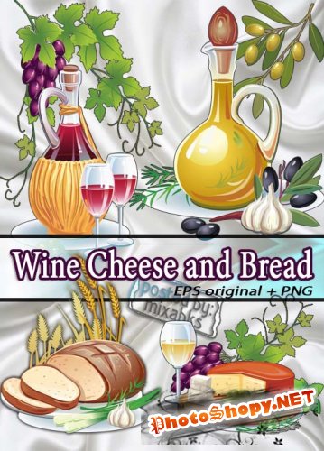 Вино, сыр и хлеб | Wine, cheese and bread (EPS + TIFF CMYK)