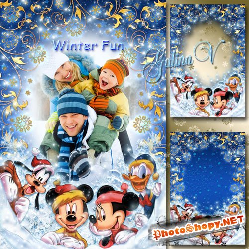 Новогодняя рамка - Зимние забавы с Микки, Минни, Плуто и Дональдом
