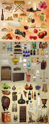 Cheese, wine, fruit and apothecary set