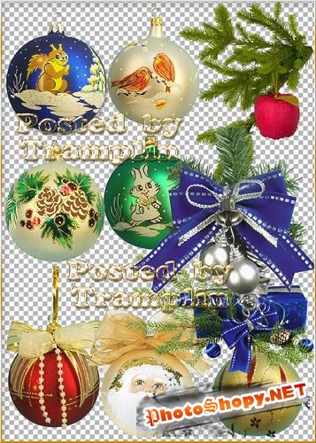 Новогодний клипарт – Шары на елку, хвойные ветки с шарами и бантами
