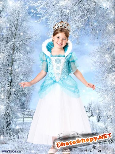 Детский шаблон - Девочка в платье принцессы и зимняя сказка