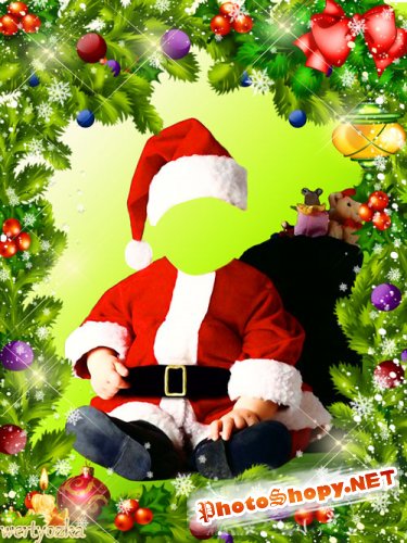 Детский шаблон - Среди пушистых веток елок малыш в костюме новогоднем