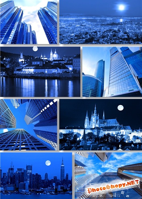 Растровый клипарт - Городские небоскребы и пейзажи в синем цвете