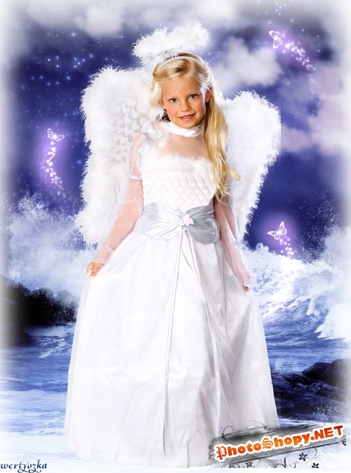 Детский шаблон - Маленький ангелочек на сказочном фоне