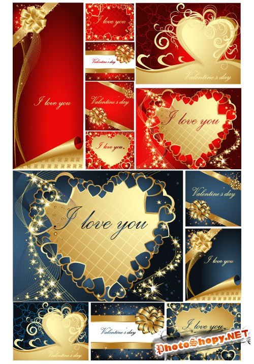 Золотые сердечные открытки - I Love You (Вектор)
