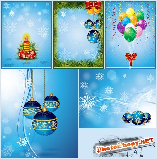 Синие новогодние открытки с шарами в векторе