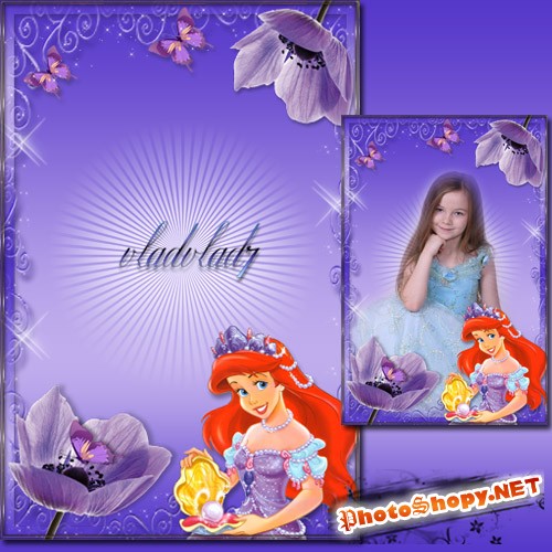 Фоторамка для девочек - Принцесса Ариэль, цветы и бабочки