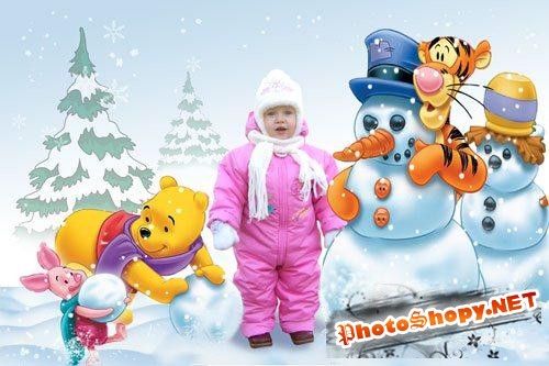 Детский шаблон для Photoshop - Зима с Винни-Пухом