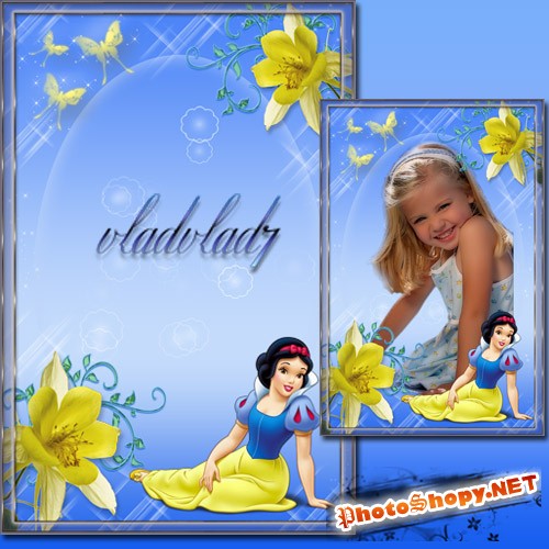 Фоторамка для девочек - Принцесса Белоснежка, цветы и бабочки