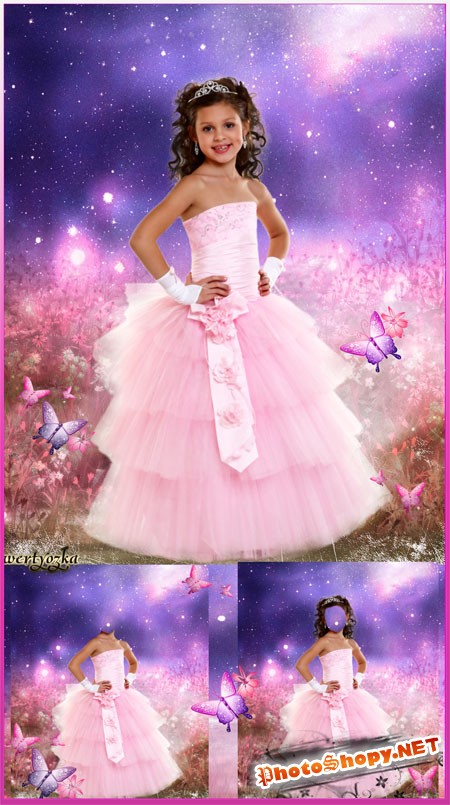 Детский многослойный шаблон - Девочка в розовом платье на сказочном фоне