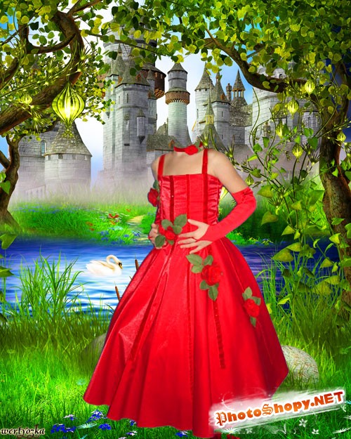 Детский шаблон - Девочка в красном платье у озера с лебедем
