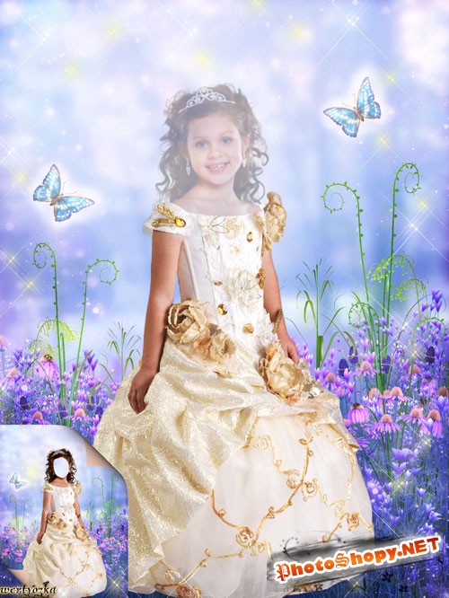 Детский шаблон для фотошоп - Девочка в золотистом платье и бабочки