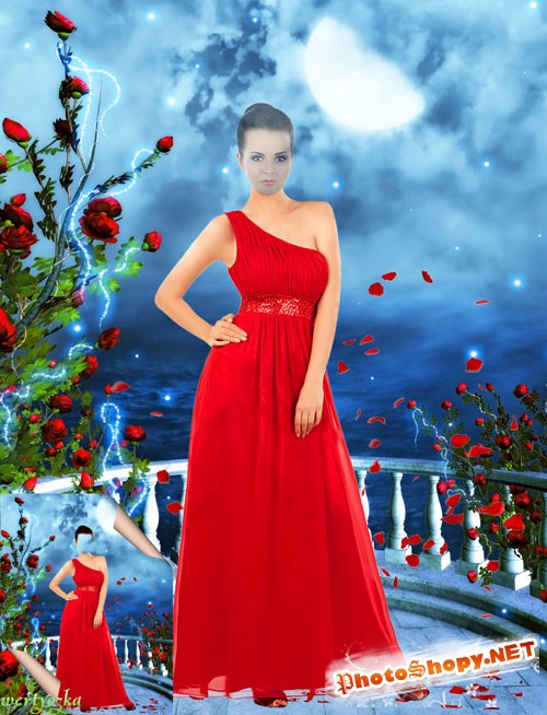 Многослойный женский psd шаблон - Девушка в красном платье в лепестках роз