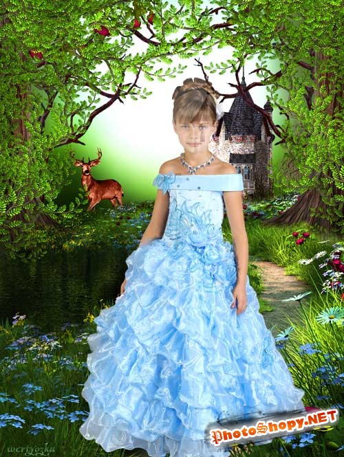 Детский шаблон для девочки - В нарядном голубом платье на фоне чудесной природы