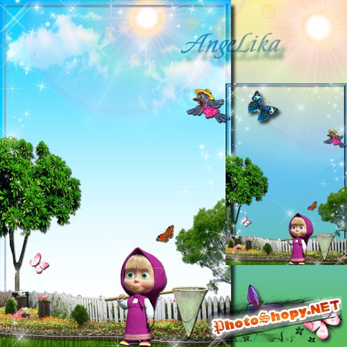 Детская рамка с героями мультфильмов - Маша и бабочки
