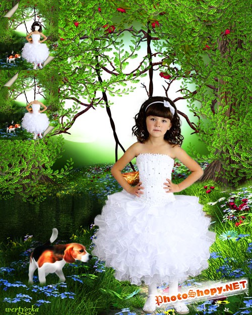 Многослойный детский psd шаблон - Девочка в белом нарядном платье с маленькой собачкой