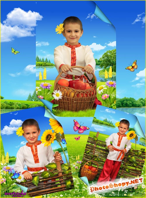Многослойный детский psd шаблон - Мальчик с корзиной яблок и чудесные подсолнухи