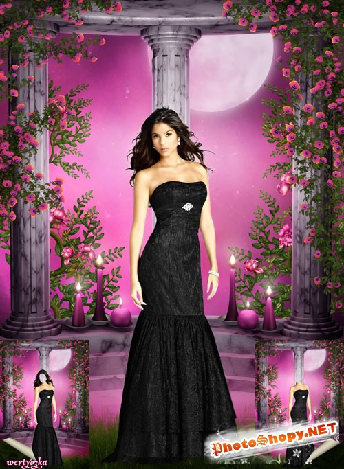 Многослойный женский psd шаблон - Девушка в черном платье на фоне лунной ночи и прекрасных роз