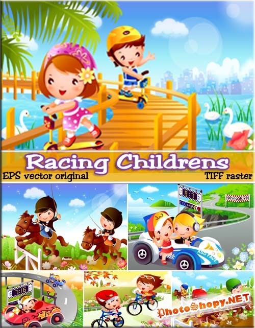 Весенние развлечения детишек - на лошадях (вектор + растр)