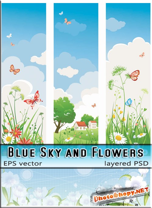 Голубое небо и облака и цветы (EPS + PSD)
