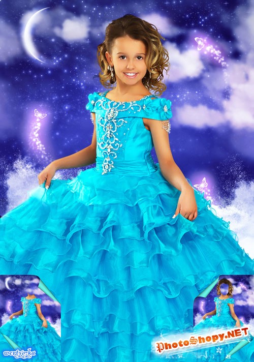 Многослойный детский psd шаблон - Маленькая принцесса в пышном платье цвета лазури