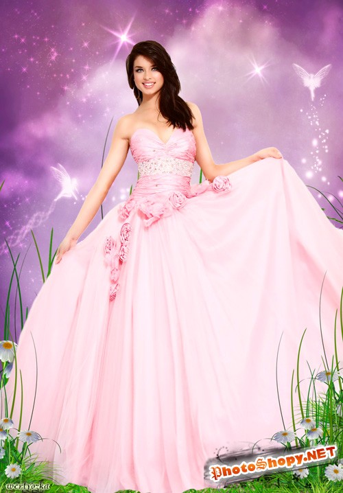 Женский psd шаблон - Девушка в розовом платье с розами на сказочном фоне