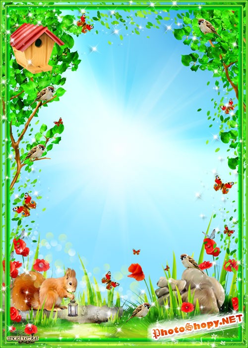 Детская рамка - Белочка на полянке с красными маками и бабочками
