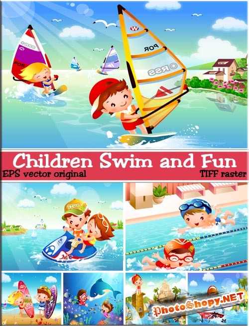 Летний отдых - веселые детишки в бассейне (клипарт)