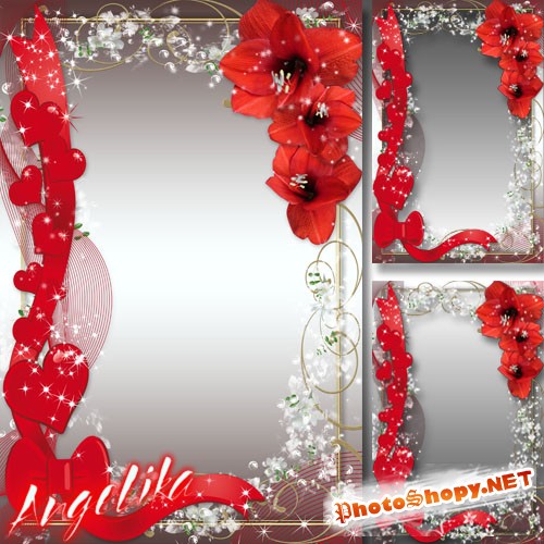 Рамка для влюбленных - Красные цветы, вуаль и сердечки