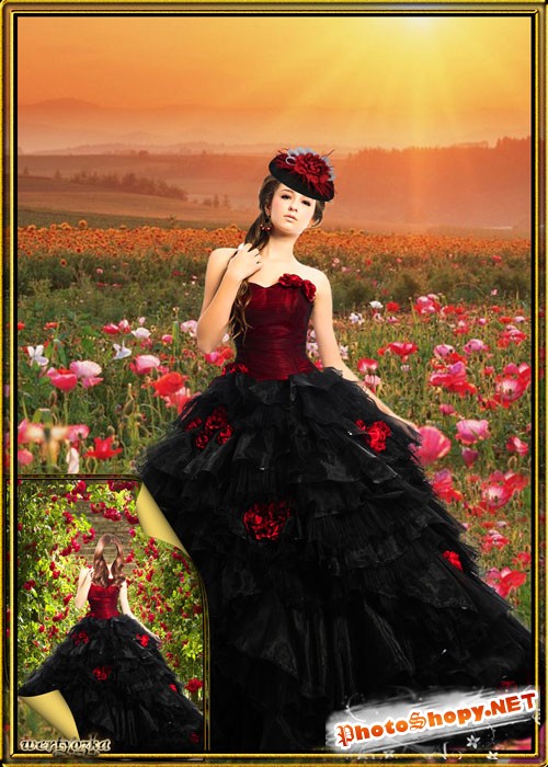 Многослойный женский psd шаблон - Девушка в шикарном черном платье с красными маками