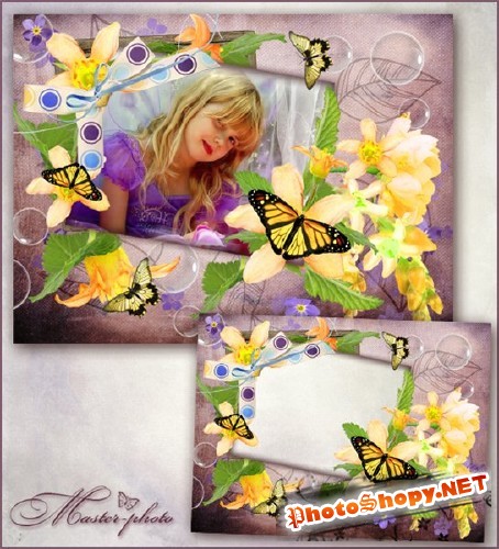 Летняя рамка для фотошопа с цветами и бабочками - В полете