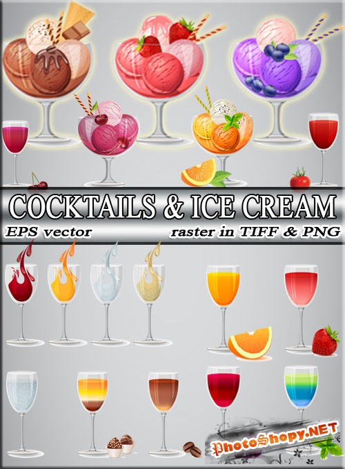 Вкусное шарики мороженного и молочный коктейль (раст и вектор)