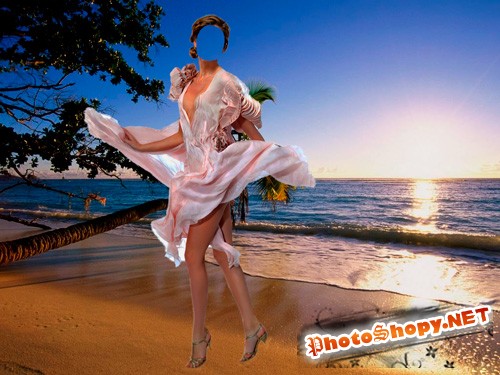 Шаблон для фотошопа – Женщина в белом платье на фоне закатана берегу океана