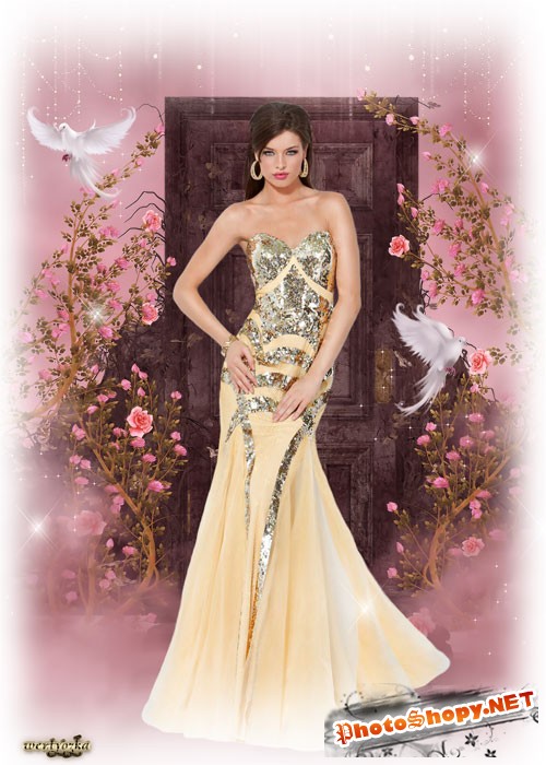 Женский шаблон для фотошопа - В золотисто-кремовом платье 