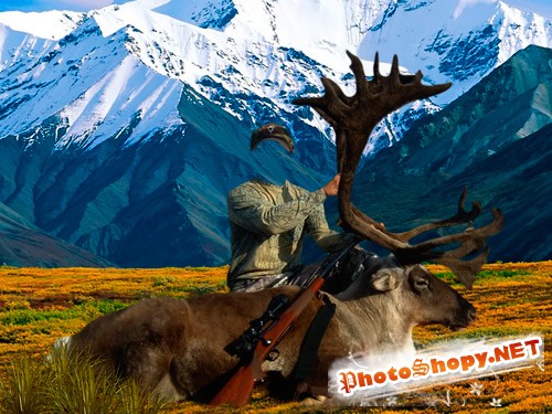 Шаблон для фотошопа – Охотник возле оленя в горах
