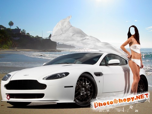 Шаблон для фотошопа – Девушка на берегу океана возле автомобиля