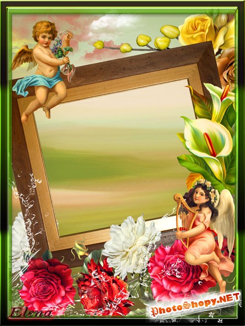 Рамка для фотошопа - Маленькие ангелочки и прекрасные цветы