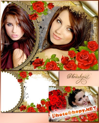Романтическая рамка для фотошопа – Красные розы, словно гроздья из цветного хрусталя